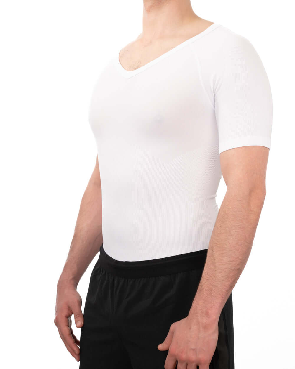 Men's soft compression shirt, short sleeves, designed for comfort and discreet wear under clothing.