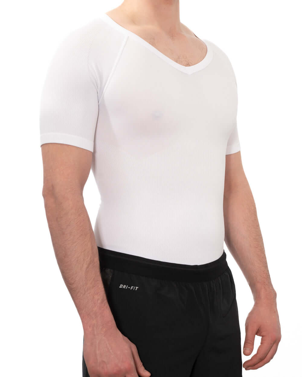 Men's soft compression shirt designed to hide gynecomastia, featuring a deep neckline for discreet everyday wear.