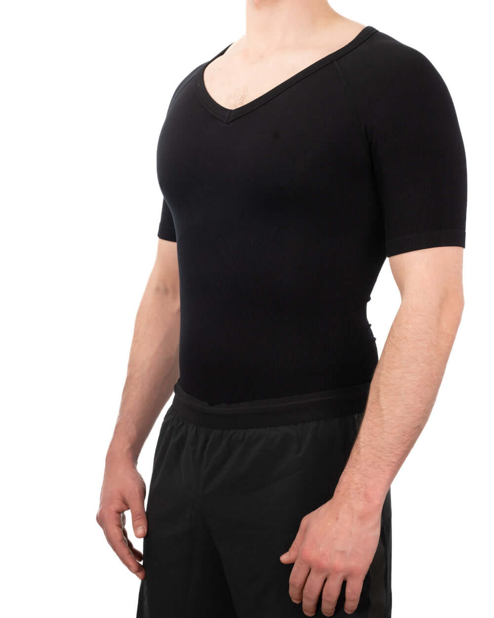 Men's soft compression shirt designed for gynecomastia relief, featuring a v-neckline and short sleeves for everyday comfort.