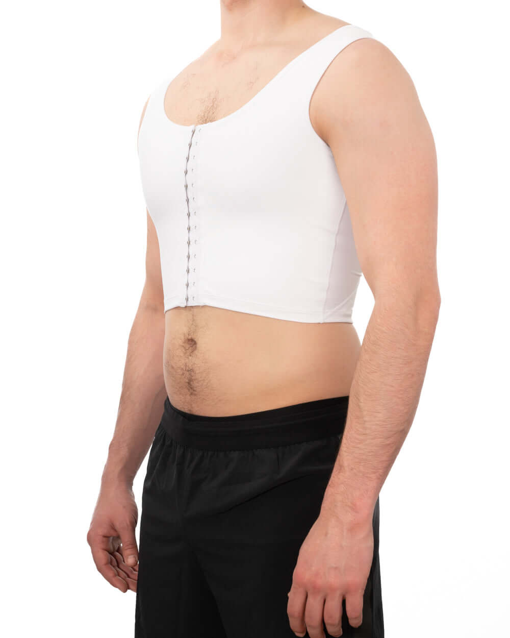 Compression chest binder in white, offering firm yet comfortable support for all-day wear.
