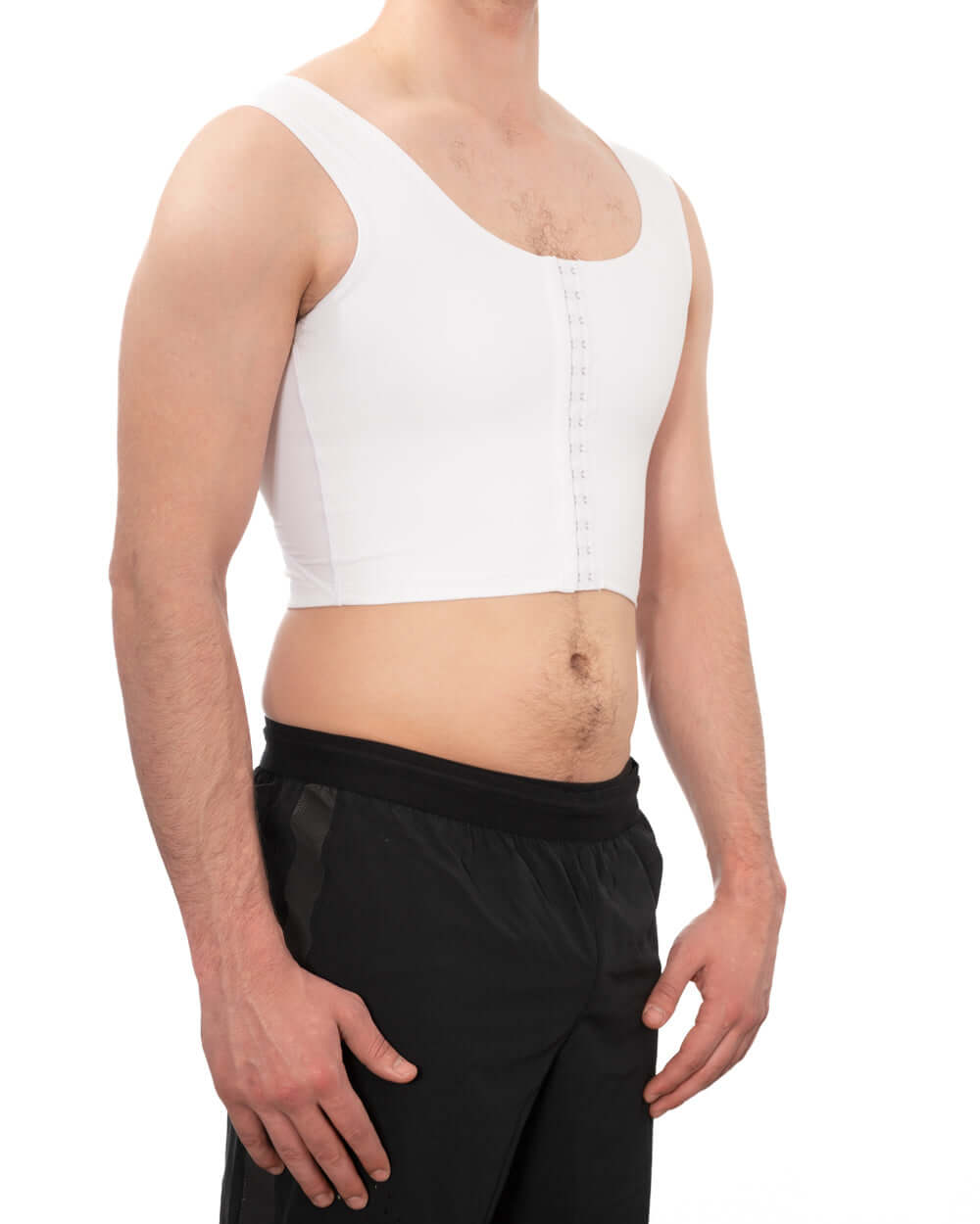 Compression chest binder in white, designed for comfort and discreet support with adjustable clasp design.