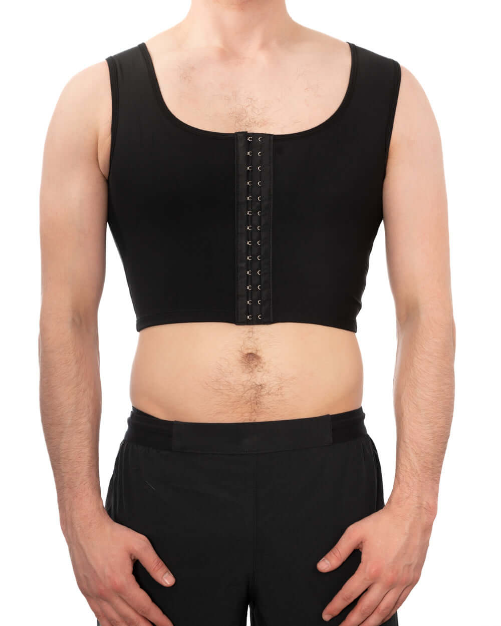 Black Compression Chest Binder with adjustable clasps for firm support and discreet fit.