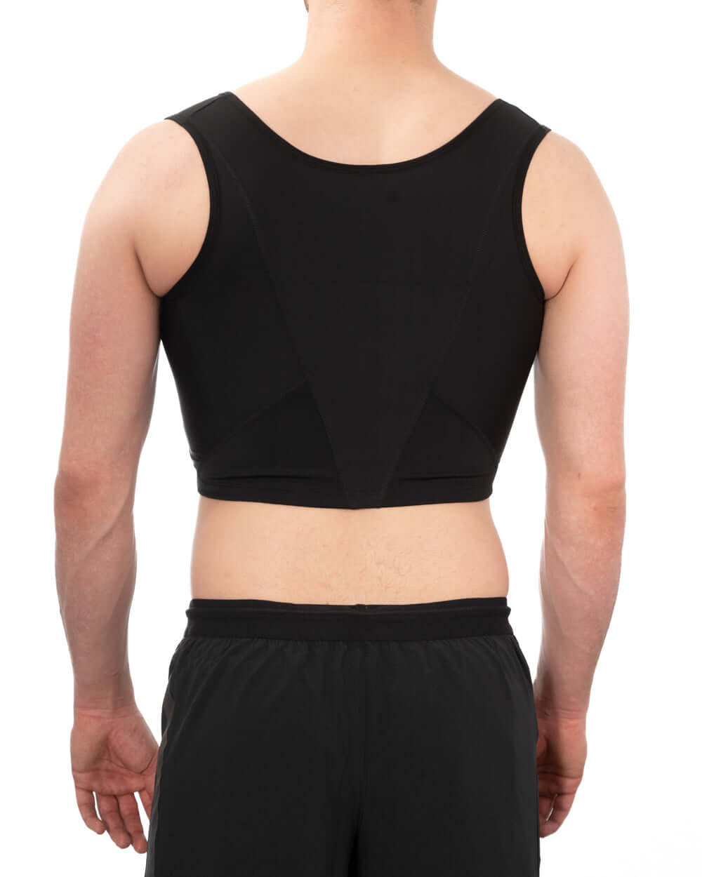 Compression chest binder shown from the back, featuring a 3 clasp design for adjustable firm compression.