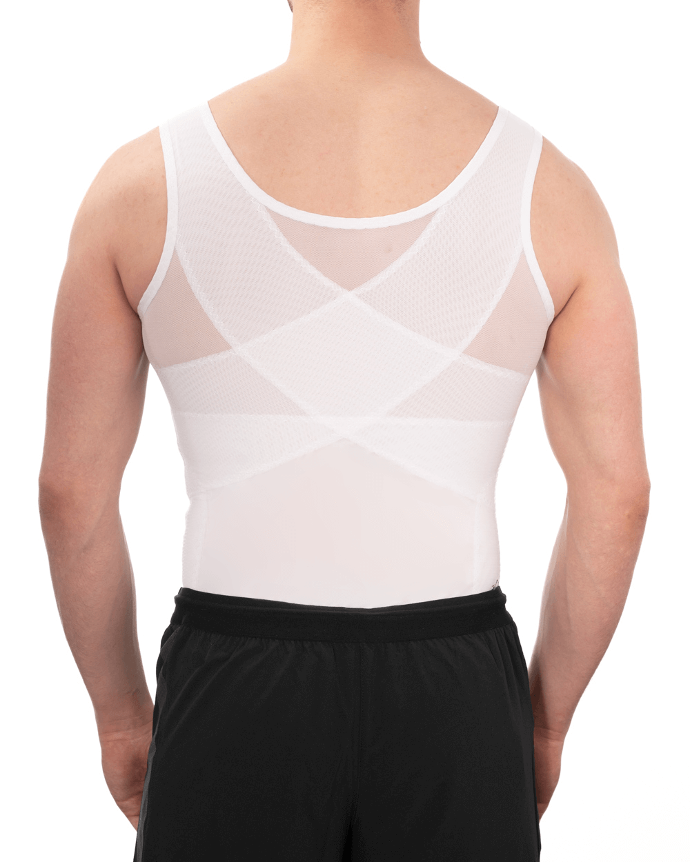 Back view of a men's compression vest featuring breathable mesh panels for comfort and shaping.