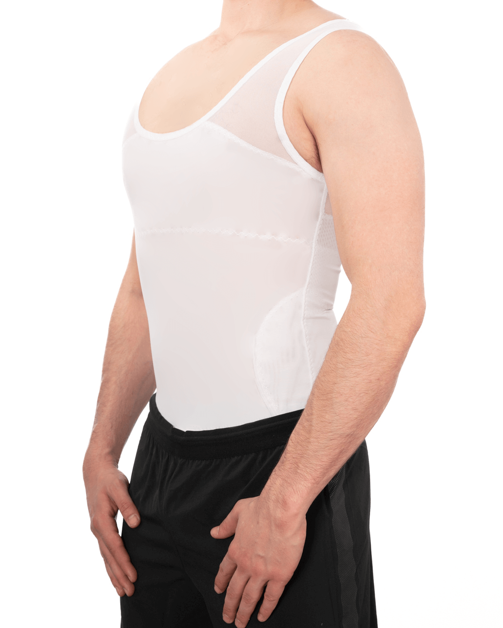 Men's compression vest in white, designed for comfort, posture support, and slimming effects.