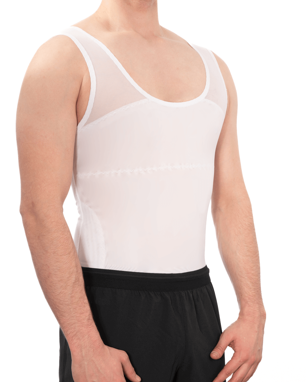 Compression vest worn by a man, designed for comfort and discreet support for gynecomastia relief.