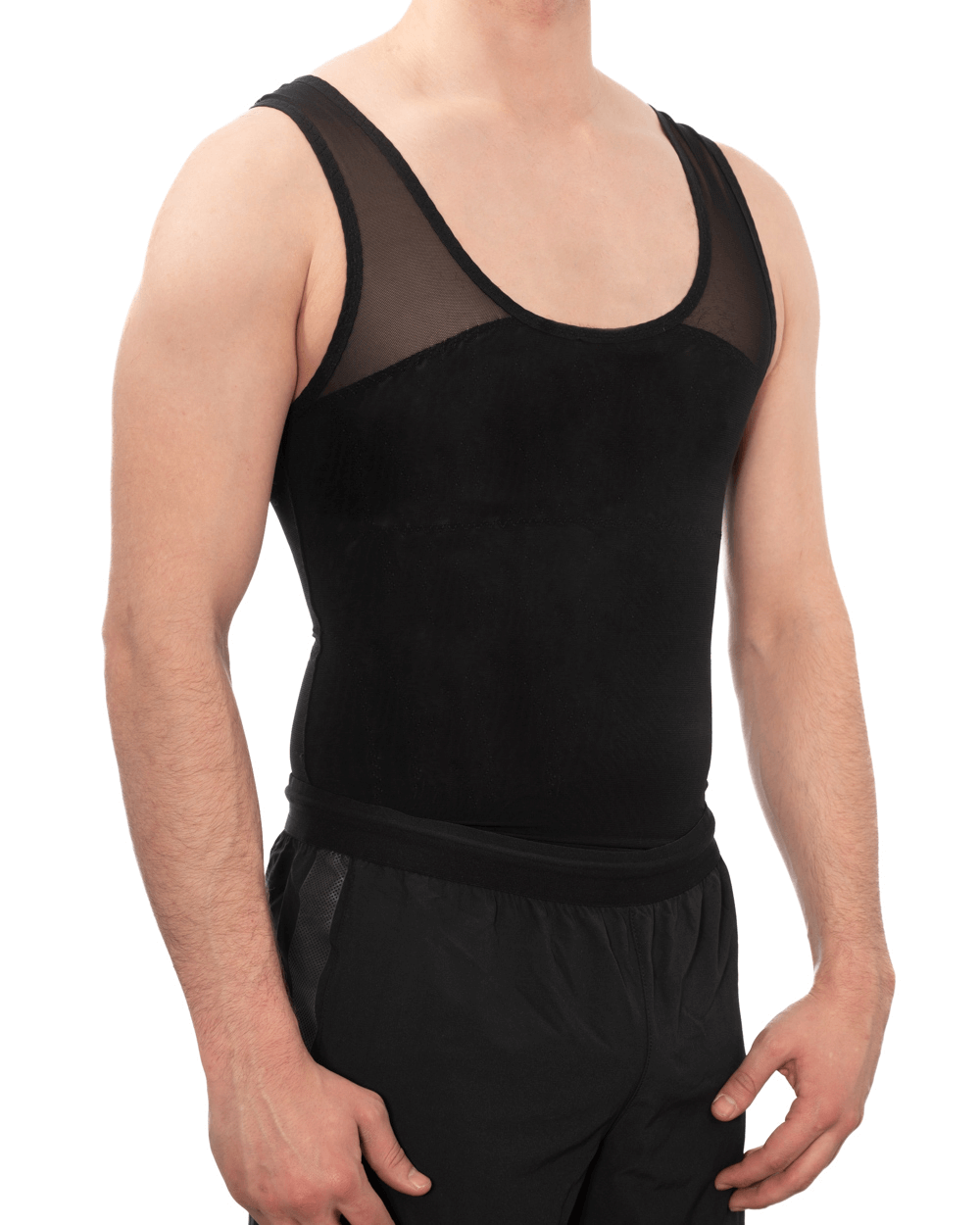 Black compression vest designed for comfort and discreet support, ideal for gynecomastia relief.