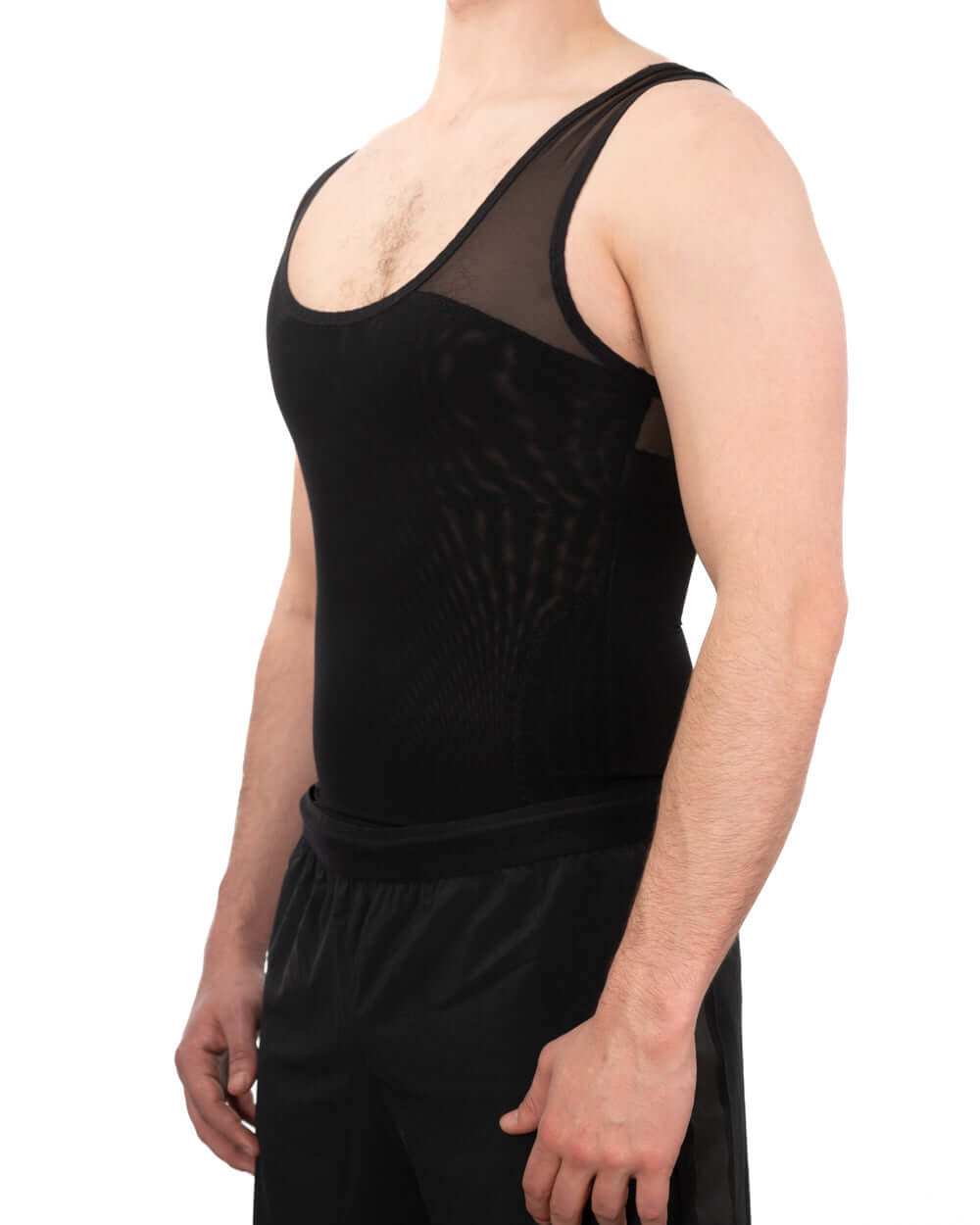 Black compression vest for men, designed to provide comfort and conceal gynecomastia under clothing.