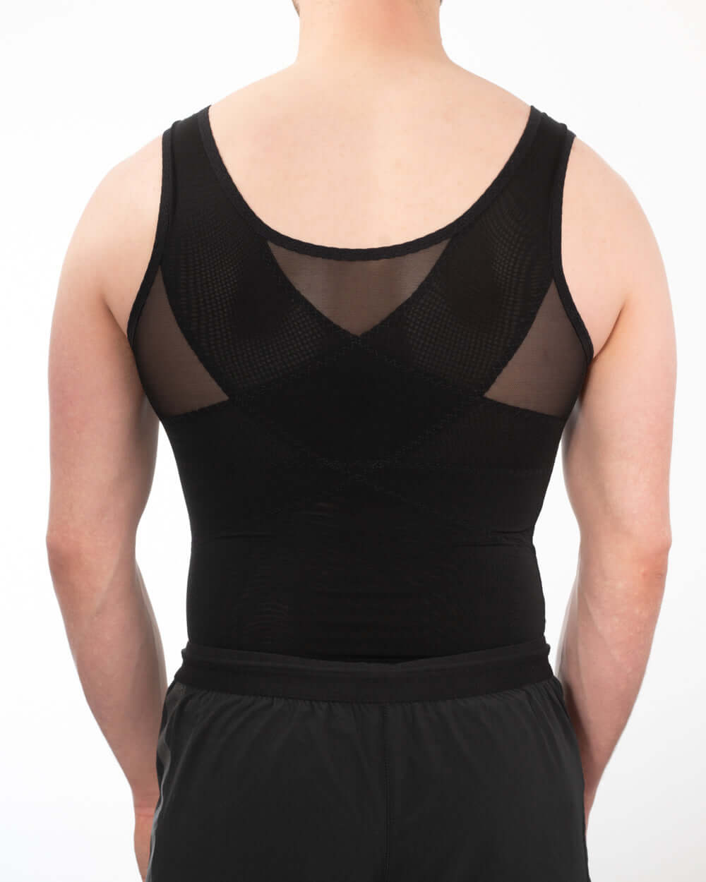 Back view of men's compression vest in black, showing breathable mesh back design for comfort and posture improvement.