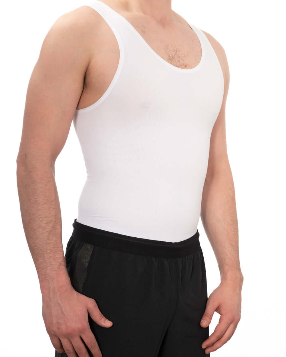 Men's seamless compression vest in white, designed for comfort and body shaping under t-shirts.
