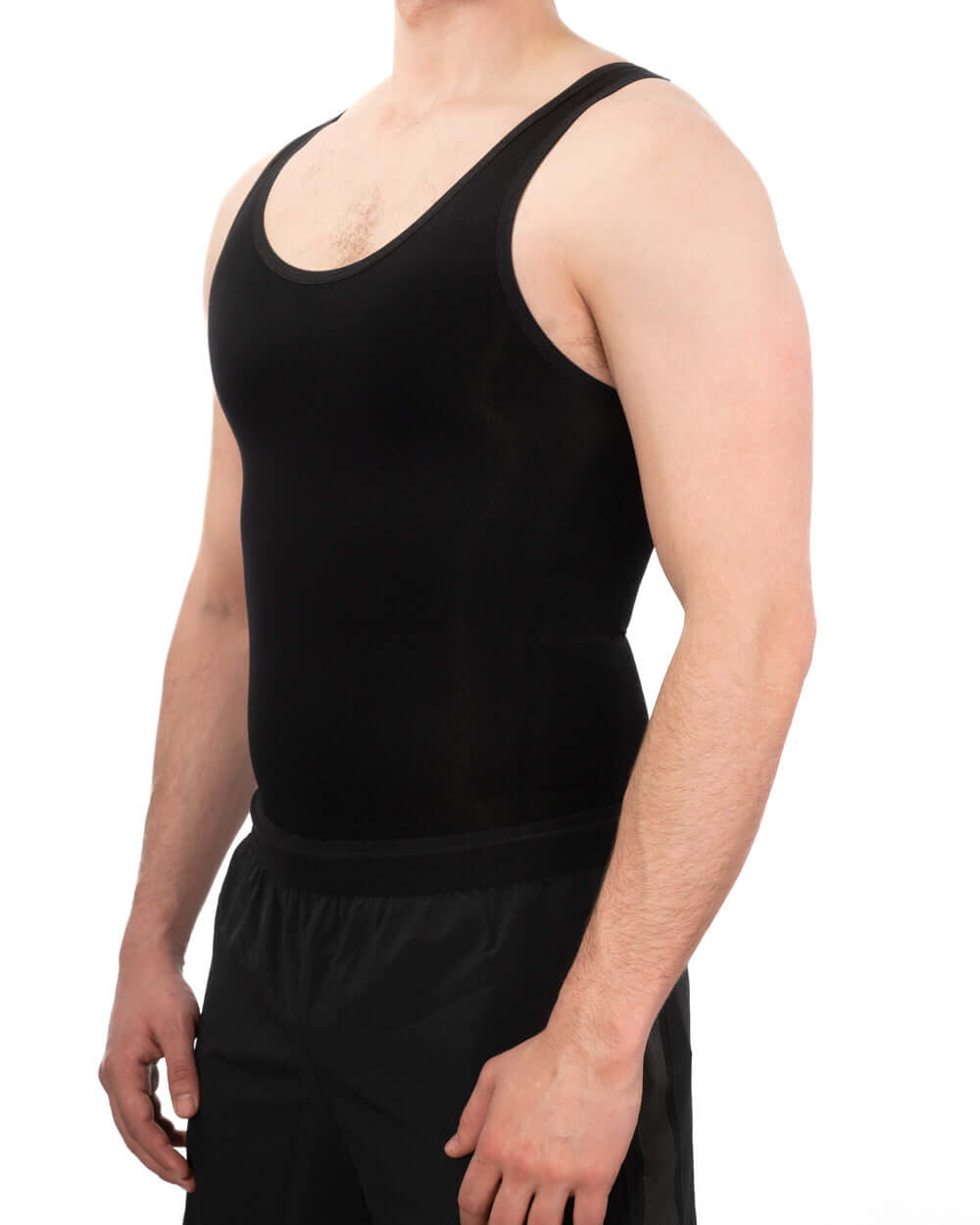 Men's seamless compression vest in black, providing body shaping and comfort for all-day wear.