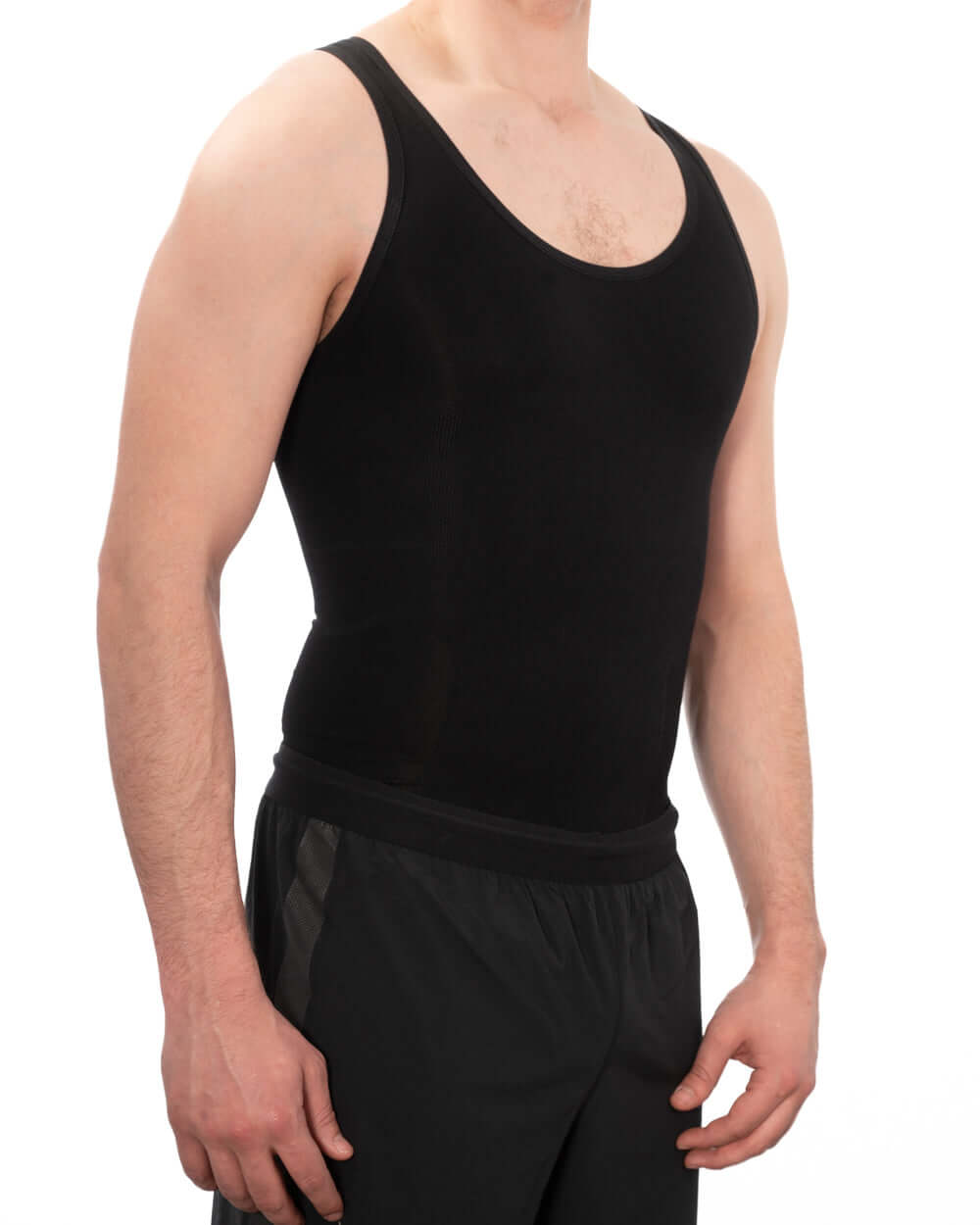 Men's seamless compression vest in black, providing comfort and support for a smooth silhouette.