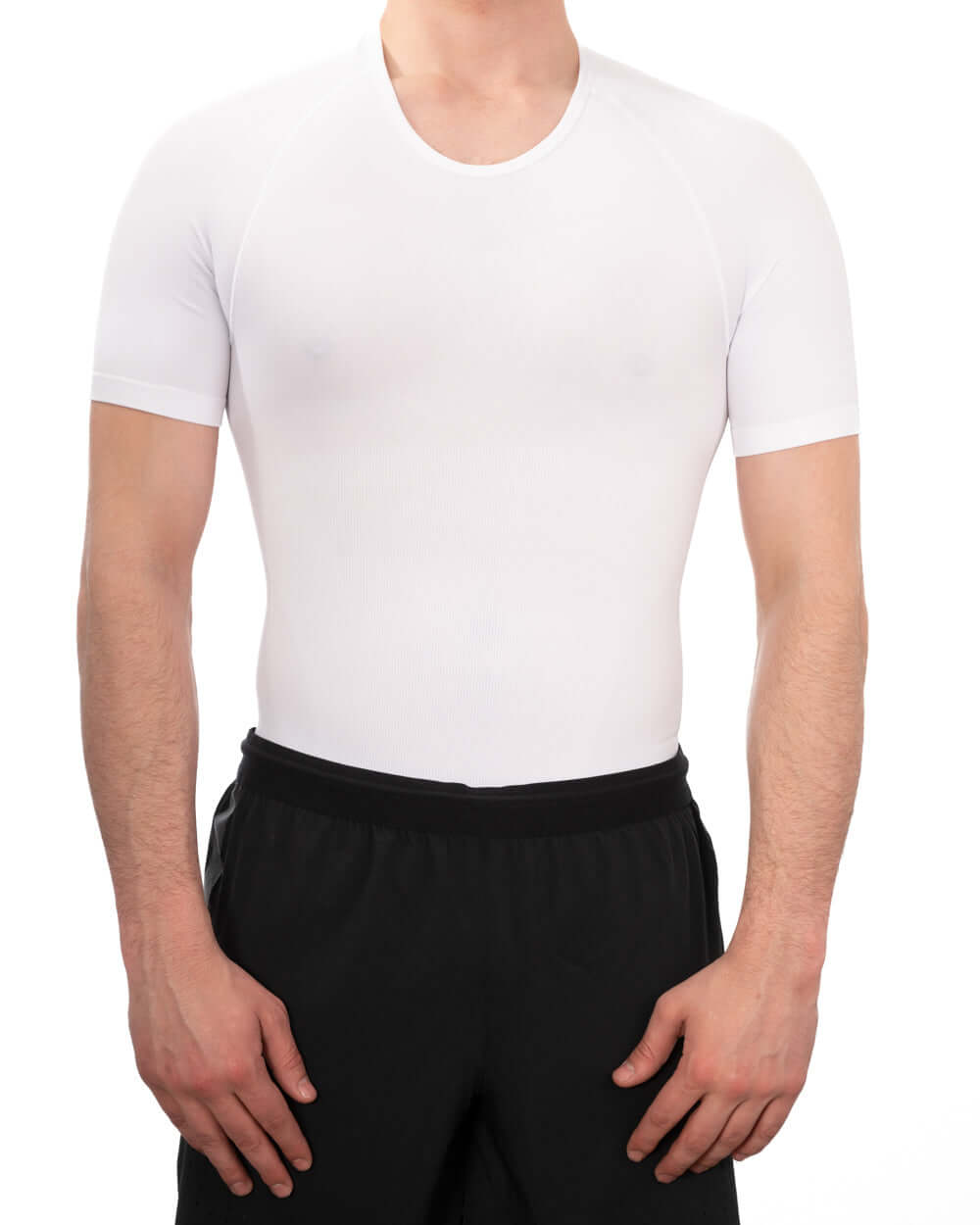 Men's seamless compression shirt in white, designed for comfort and body confidence.