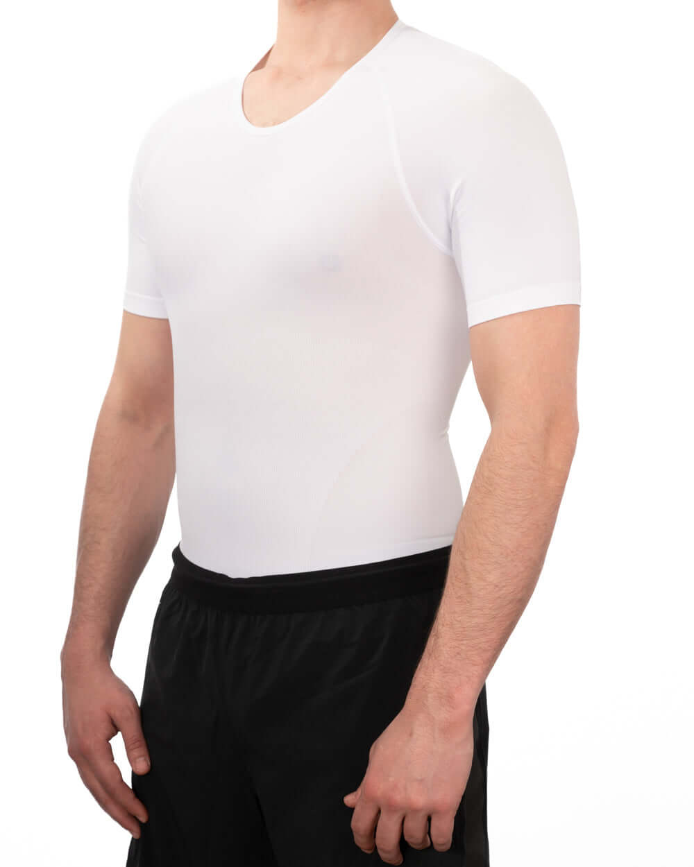 Men's seamless compression shirt in white, designed for comfort and support, perfect for enhancing confidence and body control.