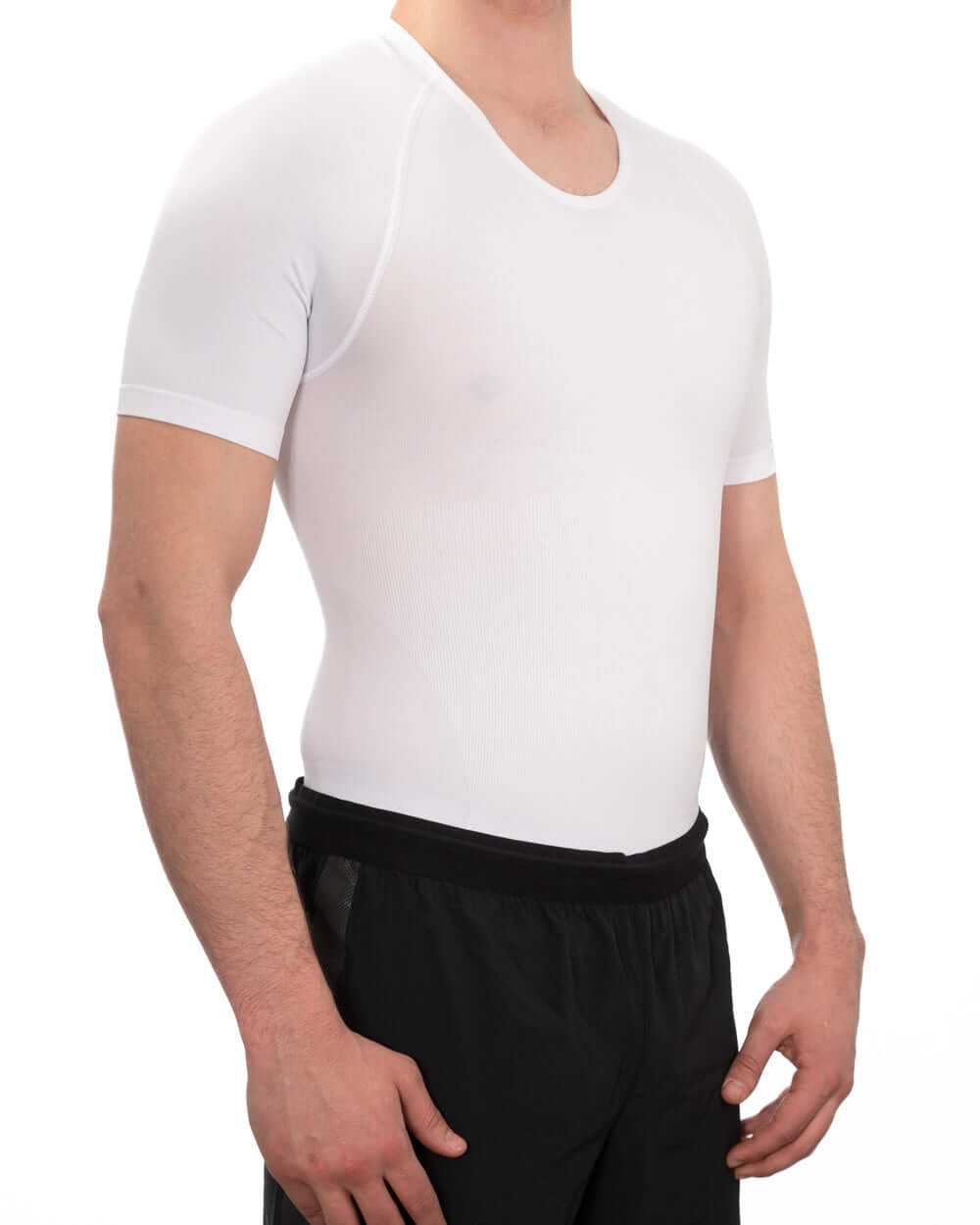 Men's seamless compression shirt in white, designed for comfort and body confidence.