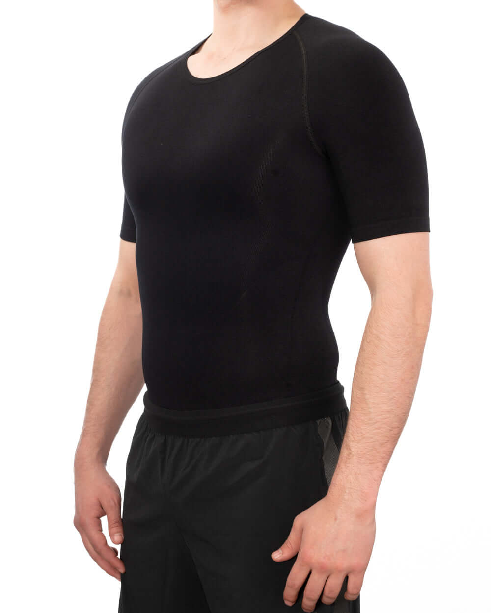 Men's seamless compression shirt in black, designed for comfort and support.