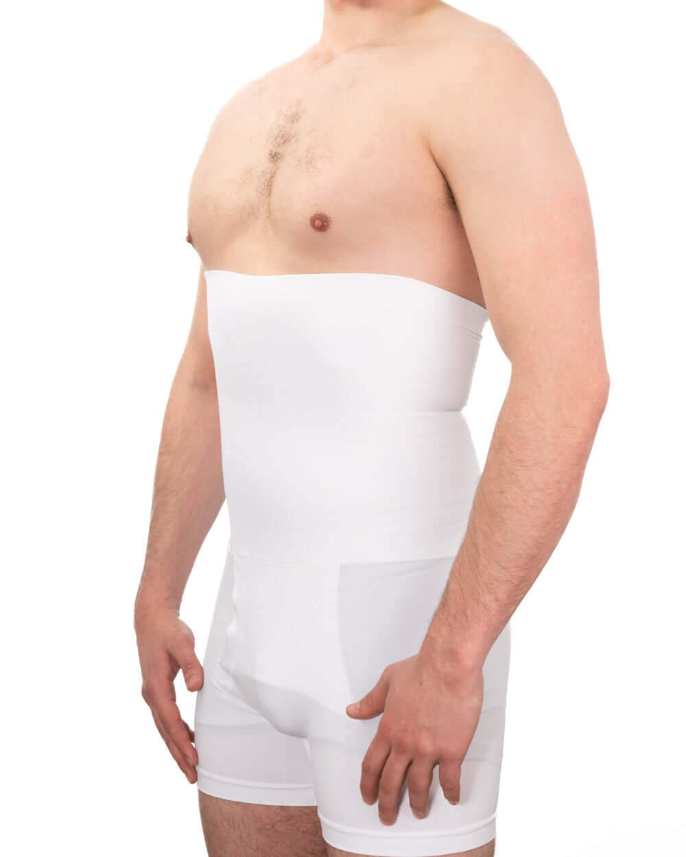 Seamless men's girdle providing firm compression and control for a smoother silhouette under clothing.