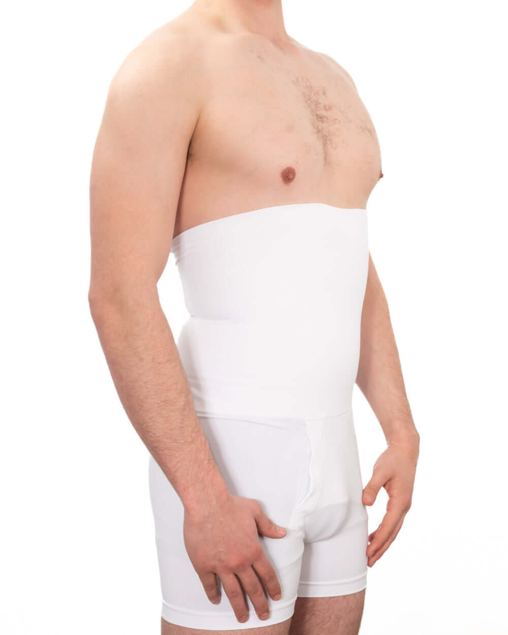 Seamless men's girdle providing smooth, comfortable shaping and compression from thighs to abdomen.