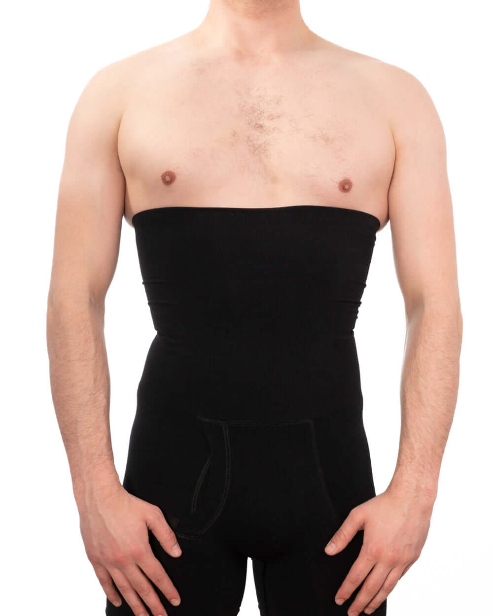 Seamless men's girdle providing firm compression for a smoother look, supporting upper abdomen and thighs.