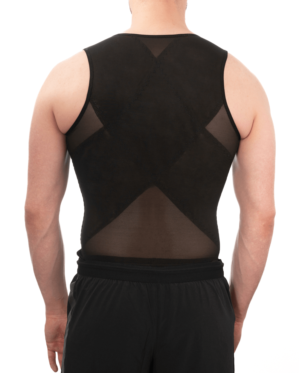 Men's firm compression vest, back view, designed for gynecomastia support and post-surgery recovery.