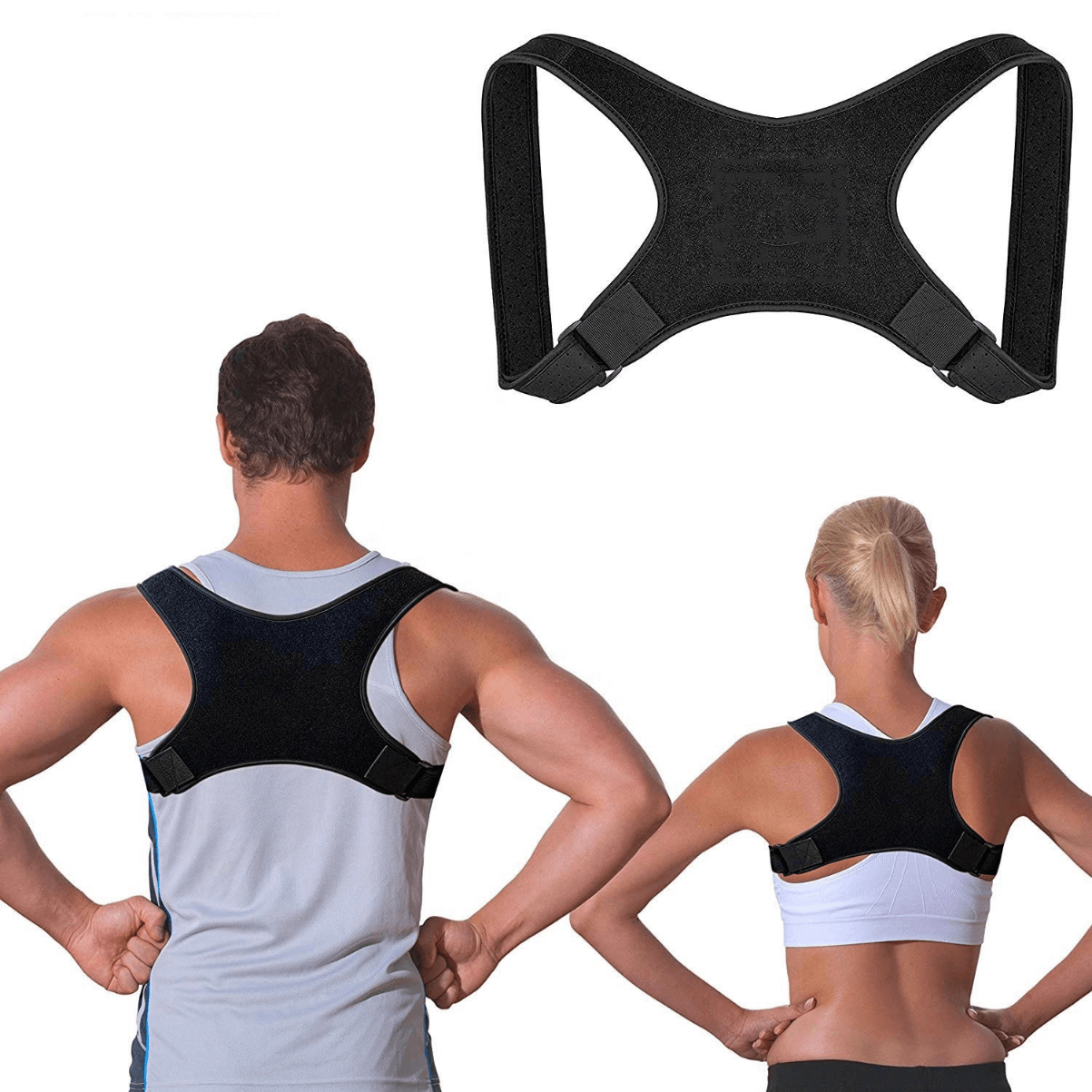 Adjustable posture corrector worn by individuals, enhancing posture and providing support for better spine alignment.