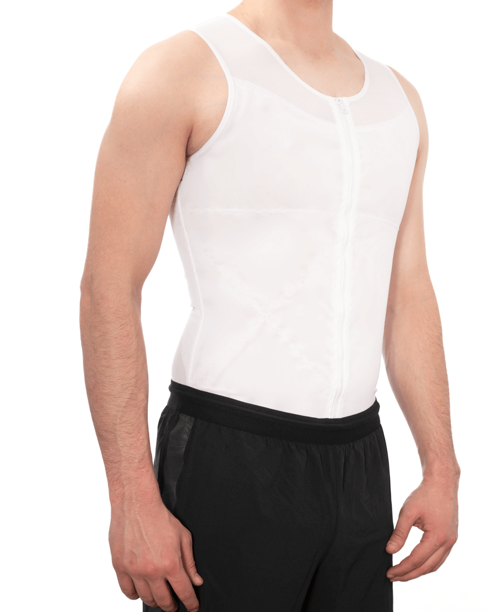 Men's firm compression vest with zipper for gynecomastia support, made of comfortable polyester and spandex blend.