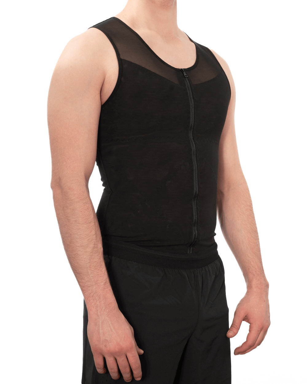 Men's firm compression vest in black, featuring a zipper design for enhanced support and comfort, ideal for shapewear.