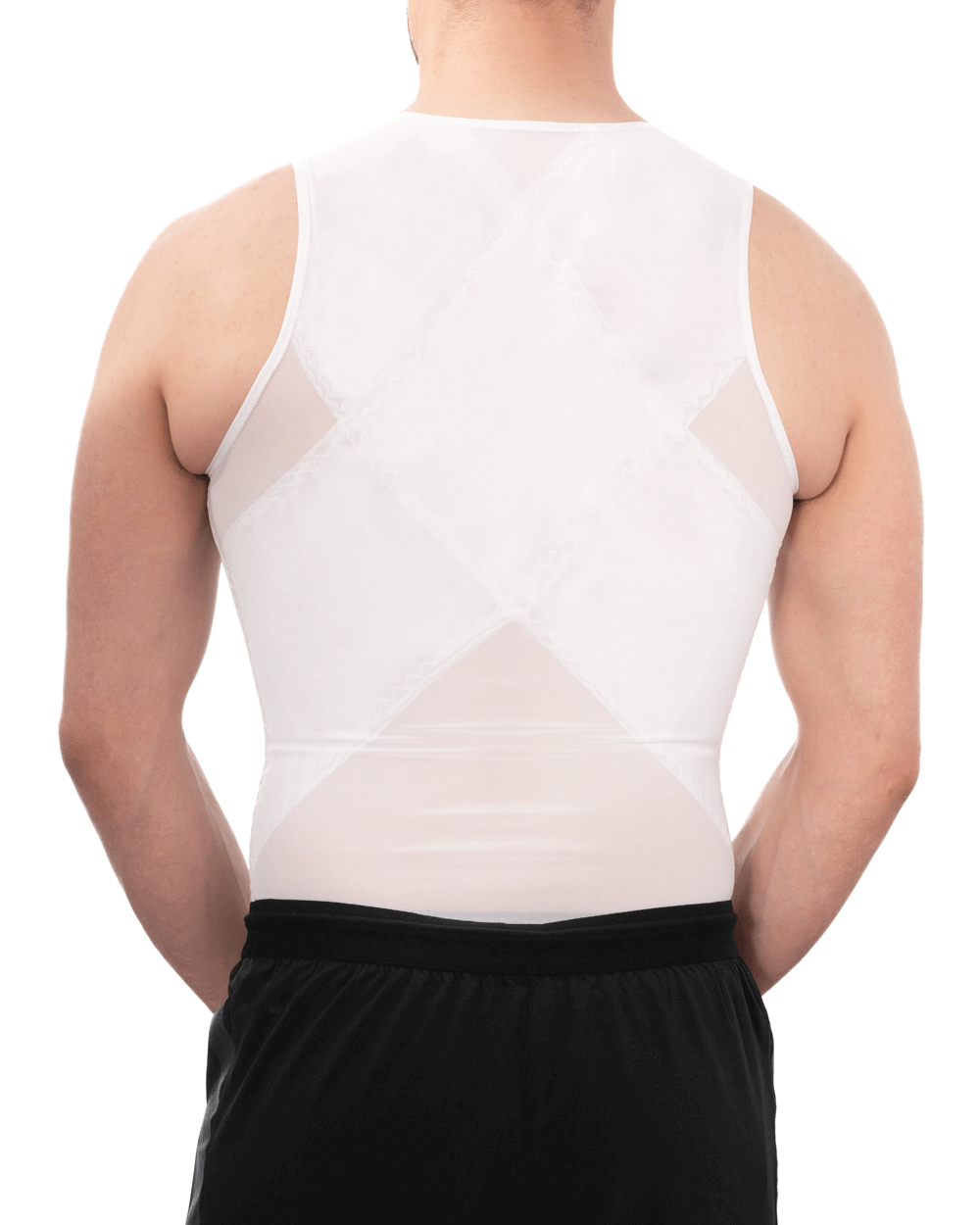 Back view of men's firm compression vest for gynecomastia and post-surgery recovery, featuring zipper and clasp design.