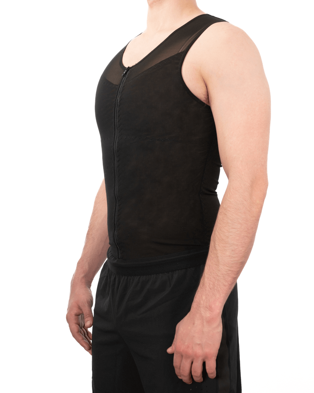 Men's firm compression vest designed for gynecomastia support and post-surgery recovery with zip closure.