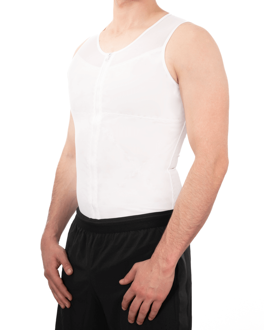 Men's firm compression vest for shapewear, designed for gynecomastia and post-surgery recovery with zipper closure.