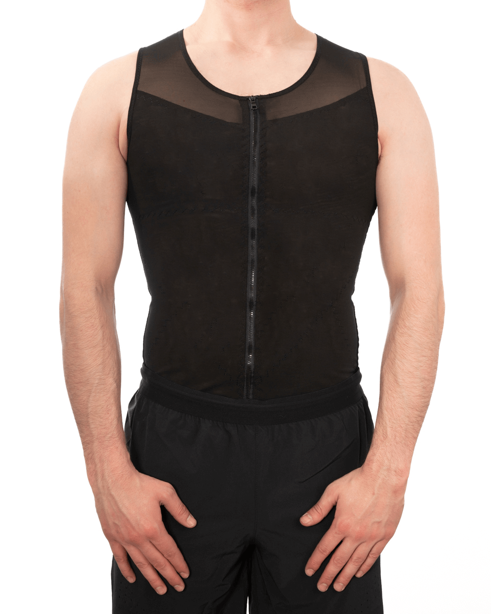 Men's firm compression vest with zipper, designed for gynecomastia and post-surgery recovery, stylish and comfortable fit.
