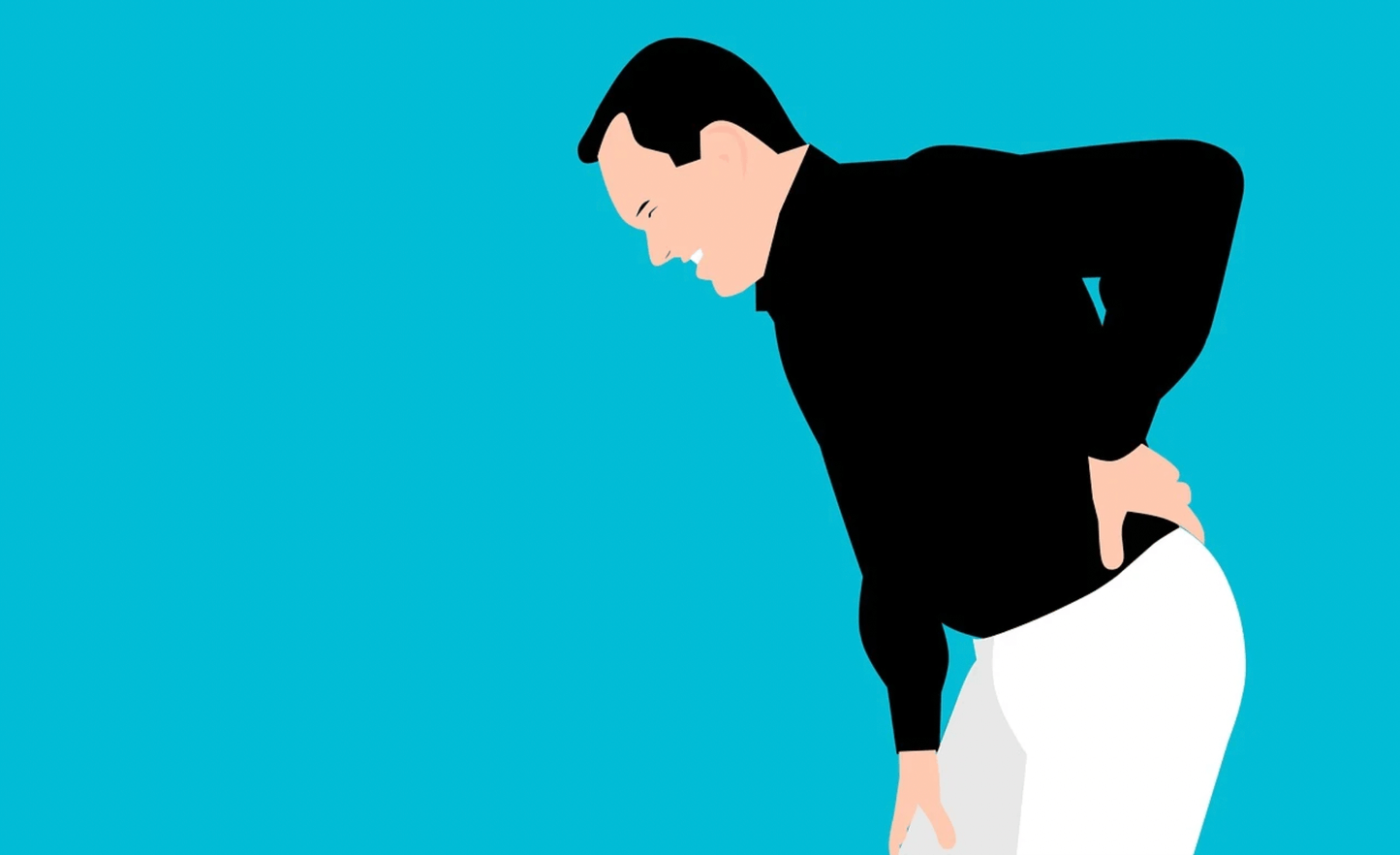 Illustration of a man in pain holding his lower back, representing back pain relief with men's shapewear.