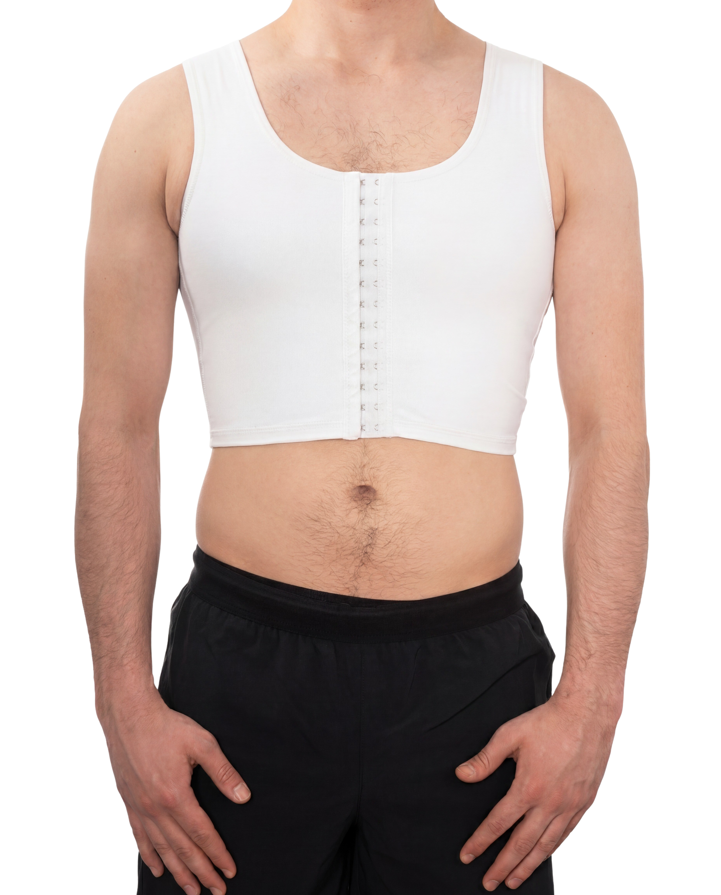 White adjustable compression chest binder front view for gynecomastia chest flattening
