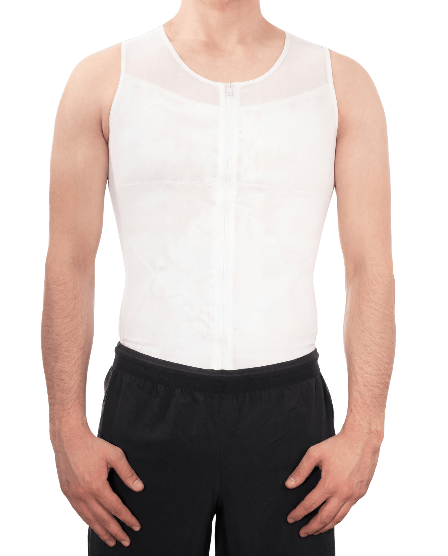 White firm compression zipper vest front view with zip closure for chest compression
