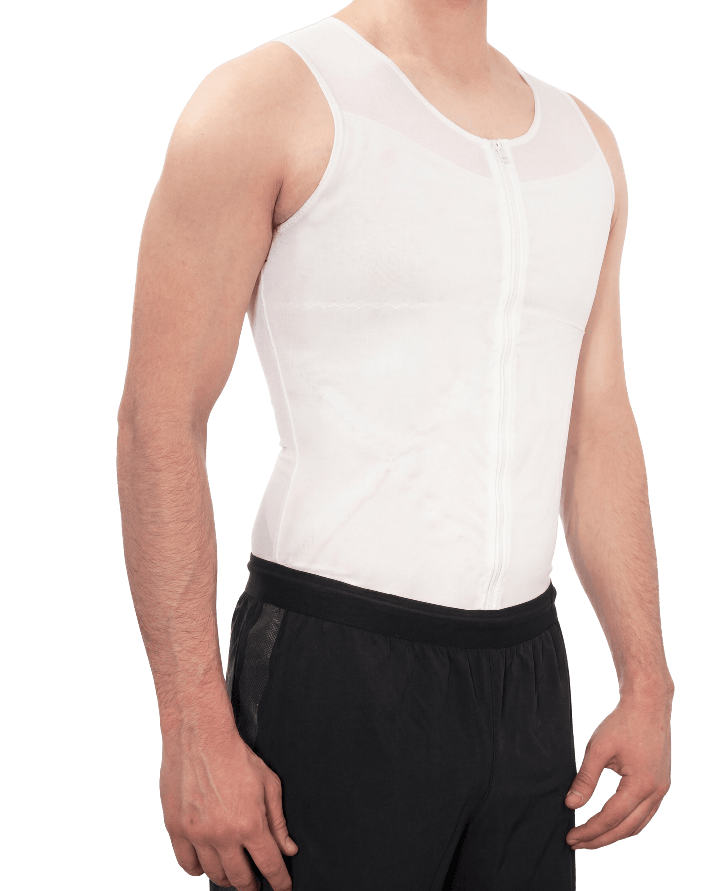 White zipper vest side view showing tight compression fit

