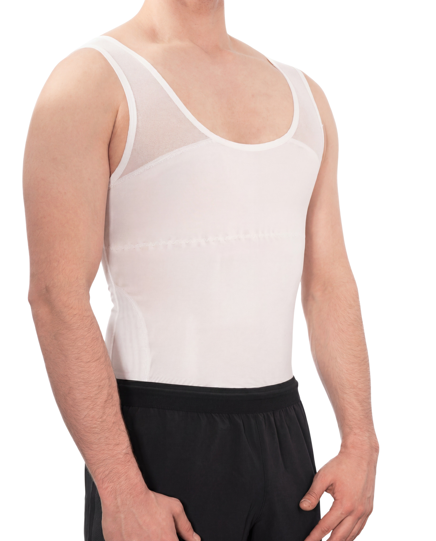 White men’s compression vest side view showing slimming fit
