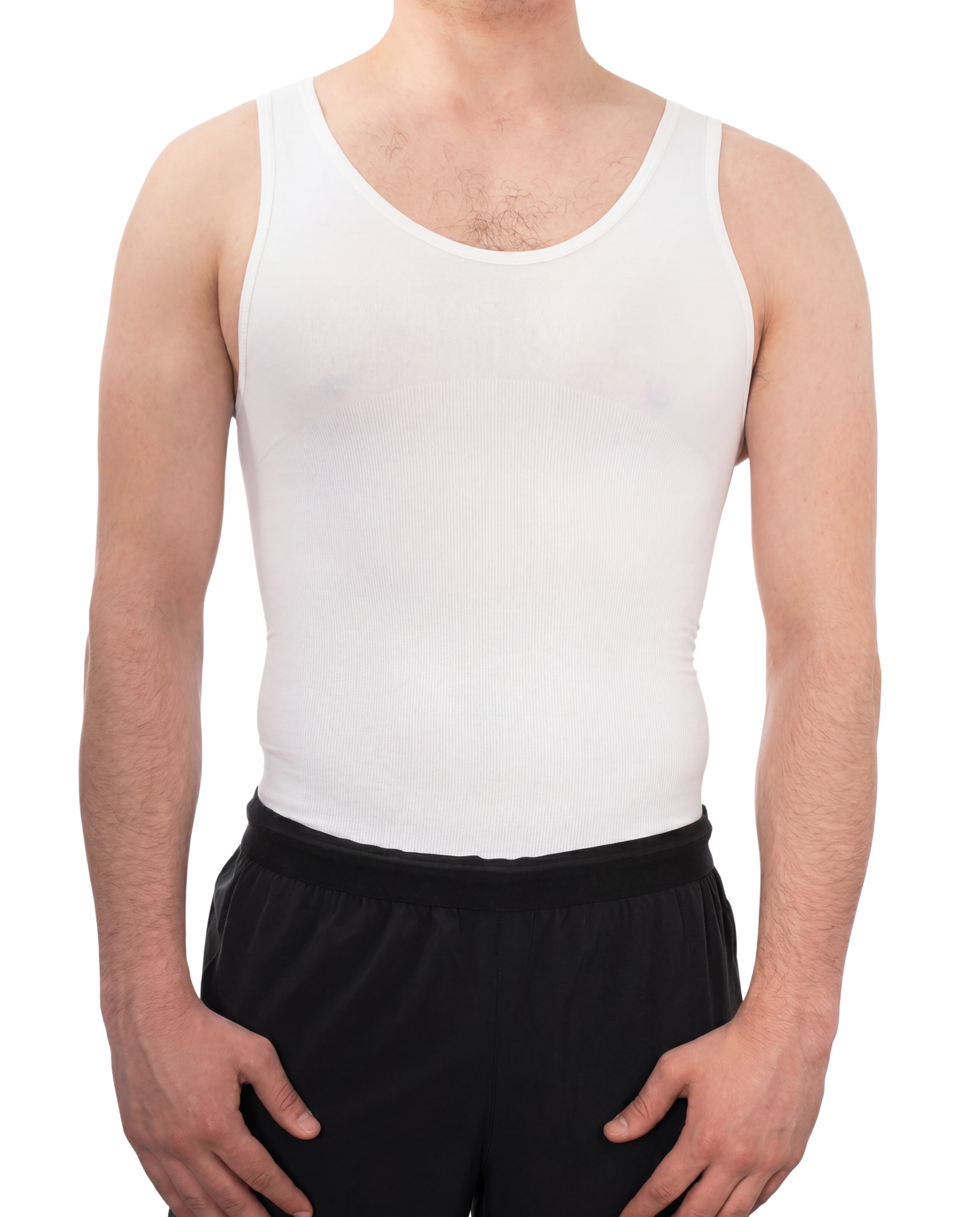 White seamless tall compression body shaper vest front view for chest and stomach compression
