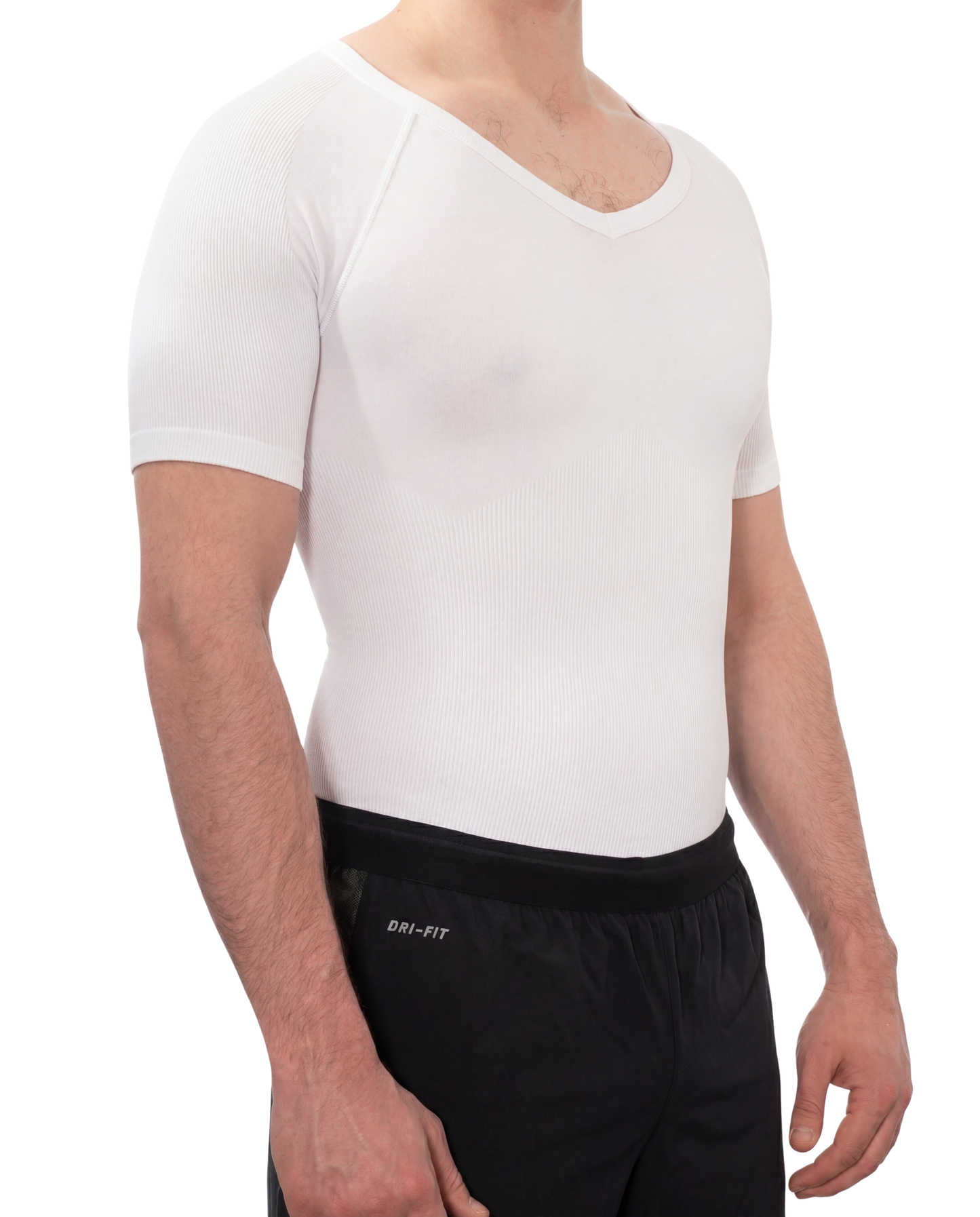White soft compression shirt side view showing flexible fit
