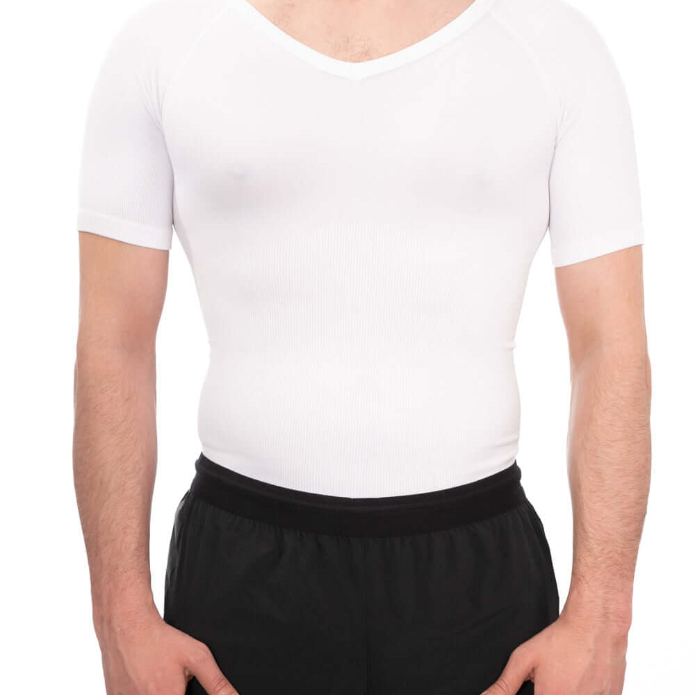 Men's white short sleeve compression shirt for gynecomastia support and everyday comfort.