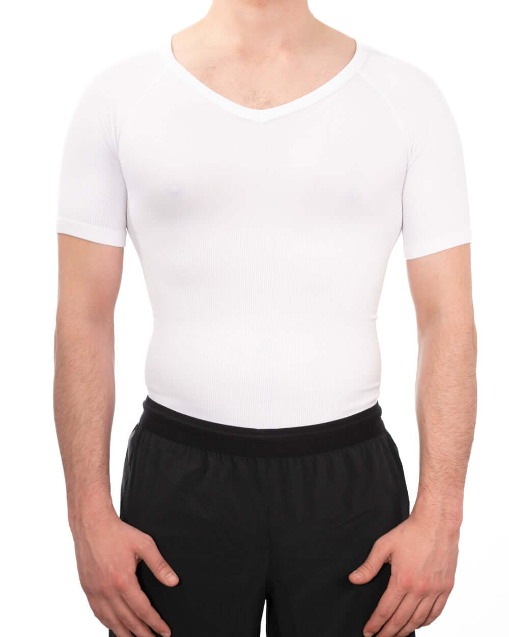 Men's white short sleeve compression shirt for gynecomastia support and everyday comfort.