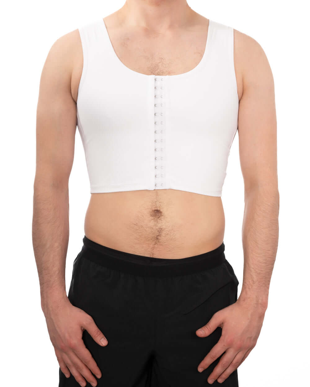 White compression chest binder for firm support and discreet wear, featuring adjustable clasps for personalized comfort.