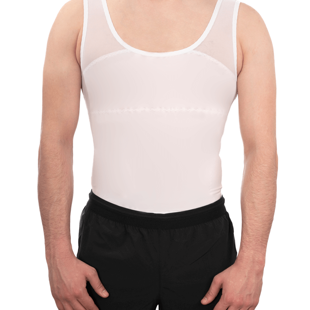 Men's compression vest in white, designed for comfort, support, and improved posture with moisture-wicking fabric.