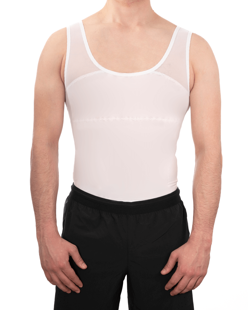 Men's compression vest in white, designed for comfort, support, and improved posture with moisture-wicking fabric.