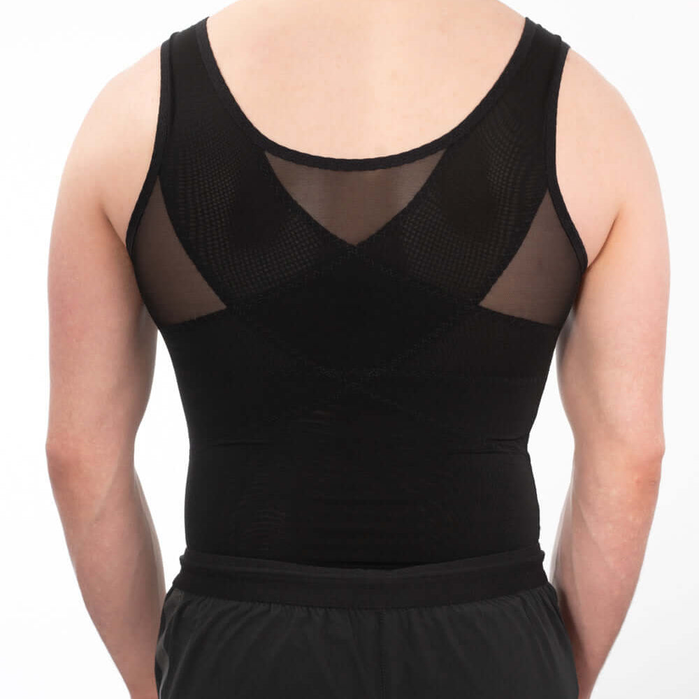 
                  
                    Back view of men's compression vest in black, showing breathable mesh back design for comfort and posture improvement.
                  
                