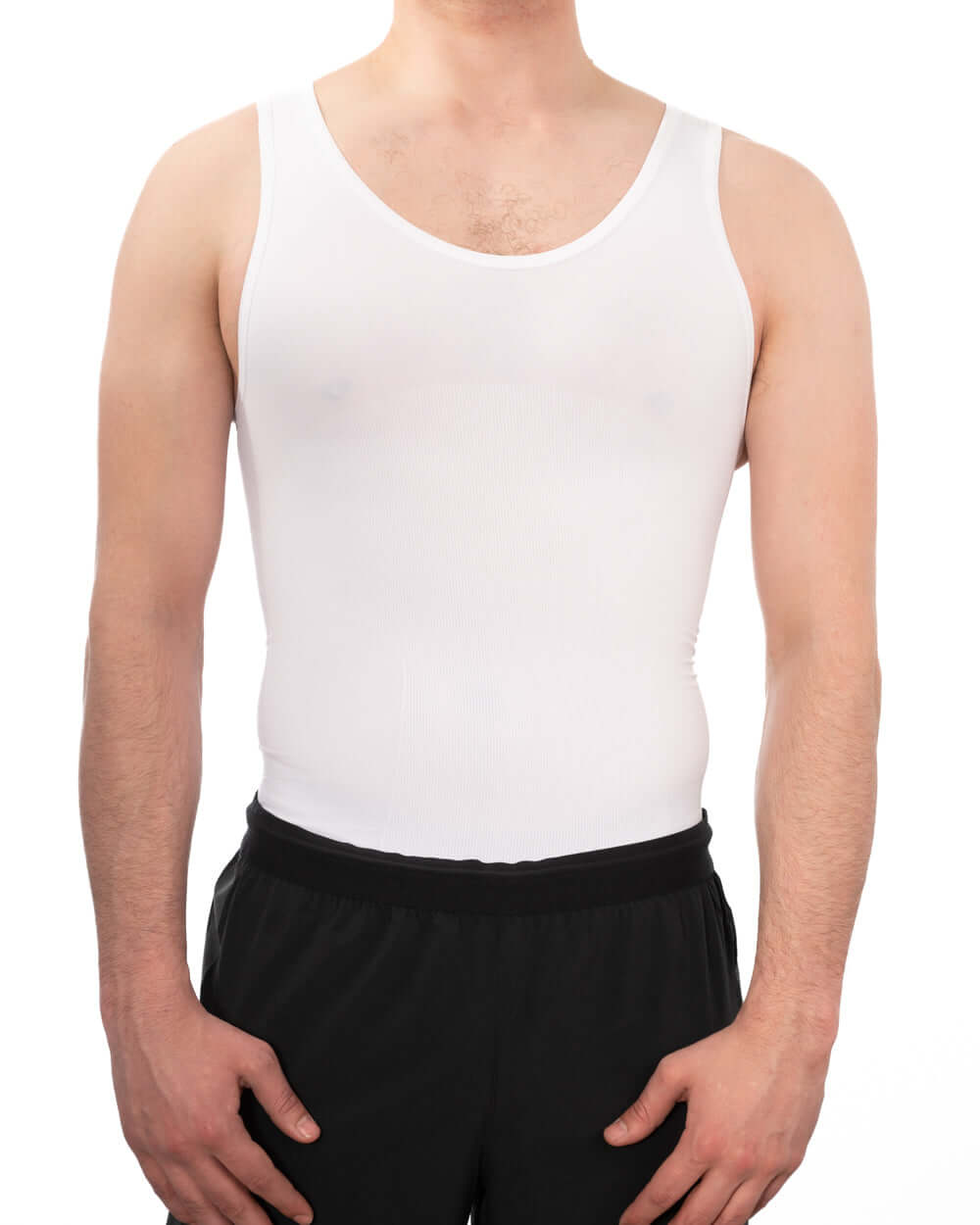 Men's seamless compression vest in white, providing comfort and control for a smooth body shape.