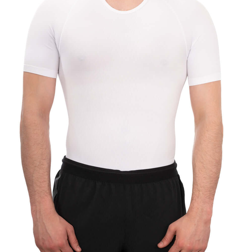 Men's seamless compression shirt in white, designed for comfort and body confidence.