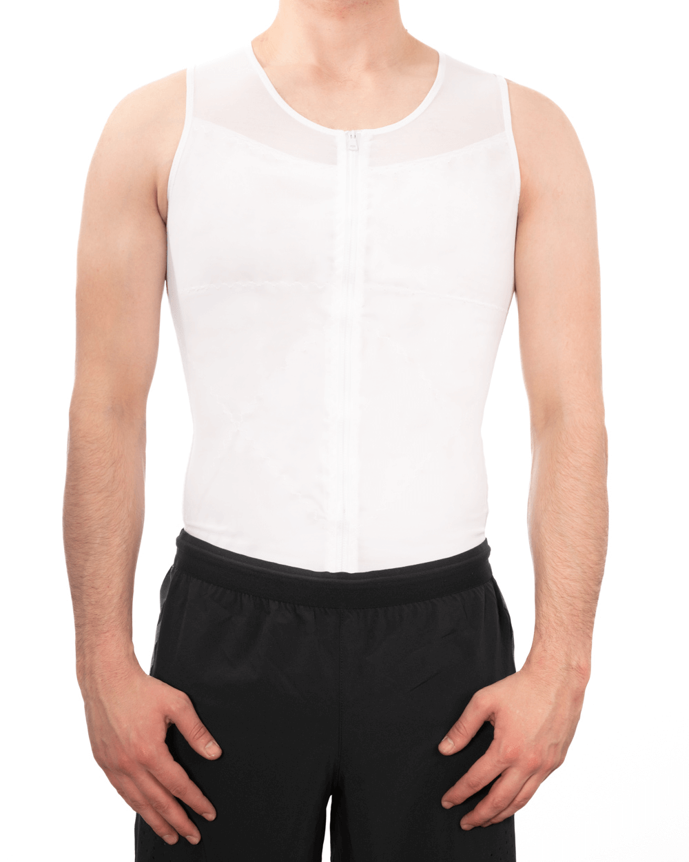 Men's Firm Compression Vest with zipper, designed for gynecomastia and post-surgery recovery in comfortable polyester blend.