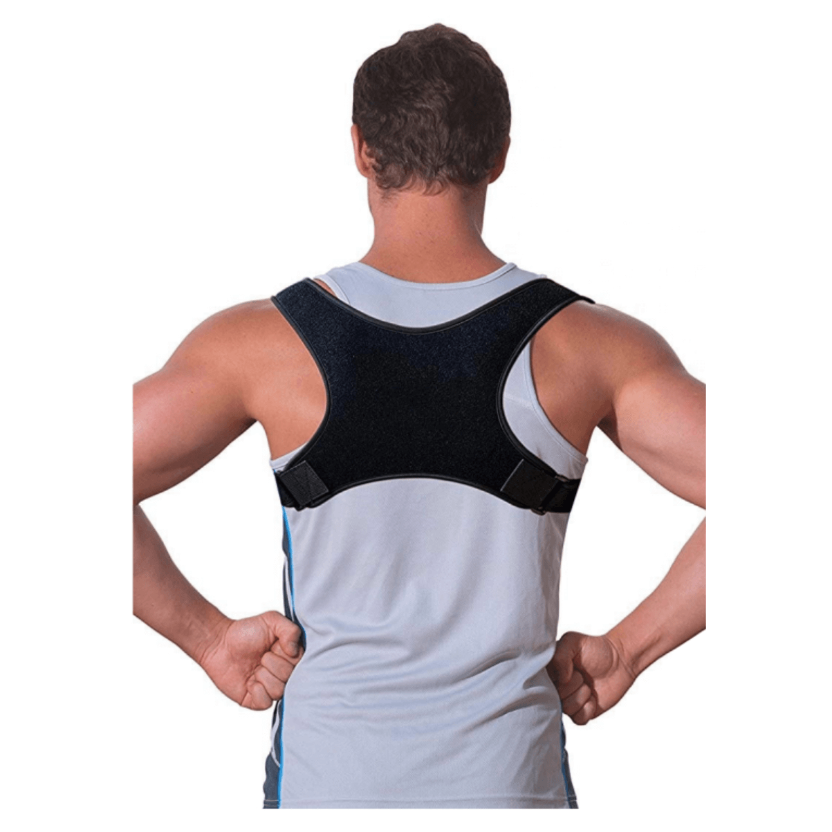 Man wearing an adjustable posture corrector to improve back alignment and reduce hunching.